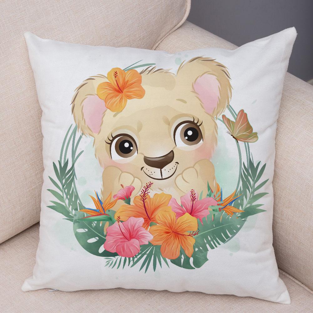 Cartoon Bird and Leaves Pillow Case Decor Cute Animal Lion Cushion Cover for Children Room Sofa Home Plush Pillowcase 45x45cm