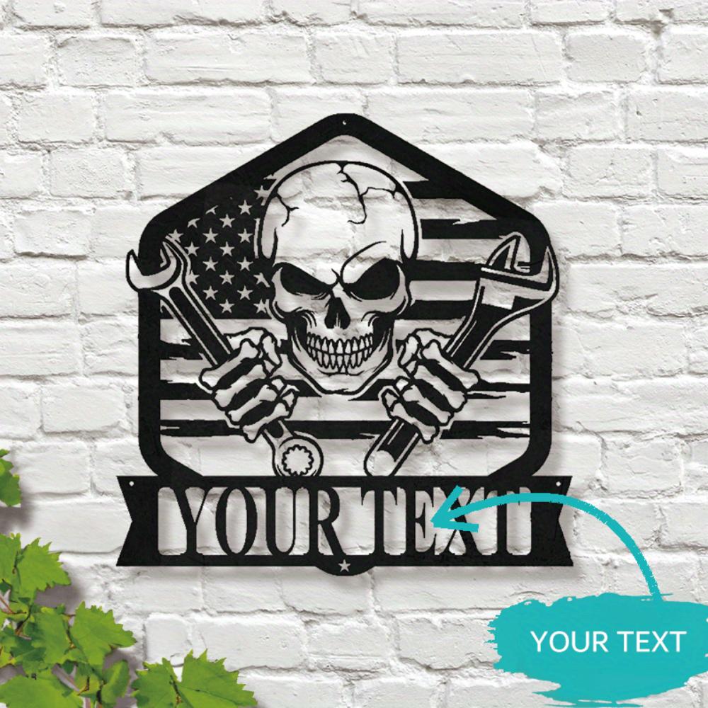 Unique Tailored Skull Themed Mechanic Metal Wall Decor Iron Crafted Workshop Garage Name Sign Festive Home Deco