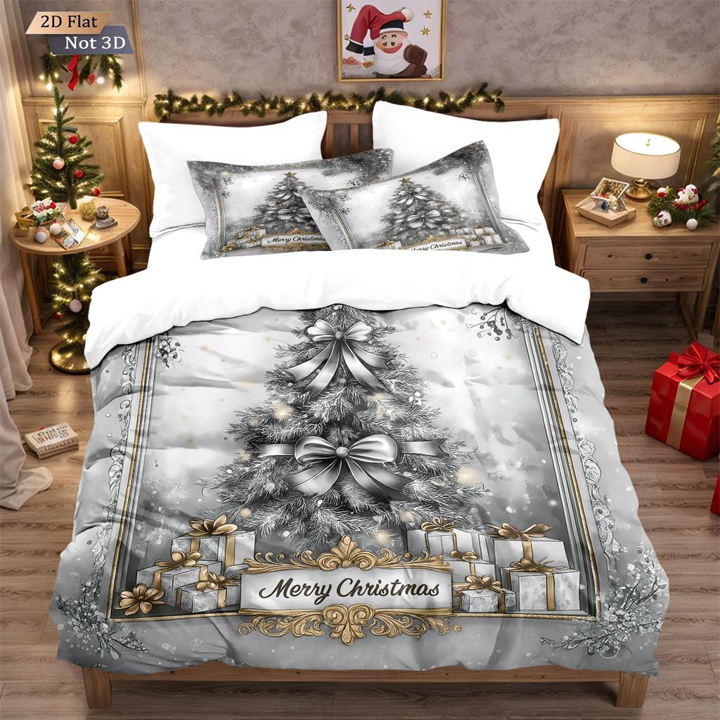 Three-piece Christmas Bedding Set, Brushed Duvet Cover and Pillowcase Set with Santa Claus Digital Print