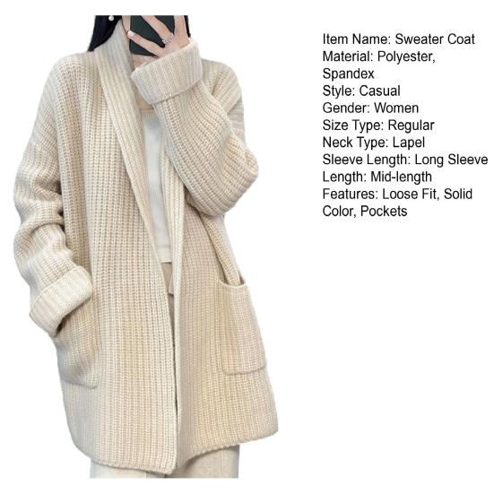 Sweater Coat Lapel Long Sleeve Open Front Knitting Sweater Coat with Pockets Solid Color Mid-length Casual