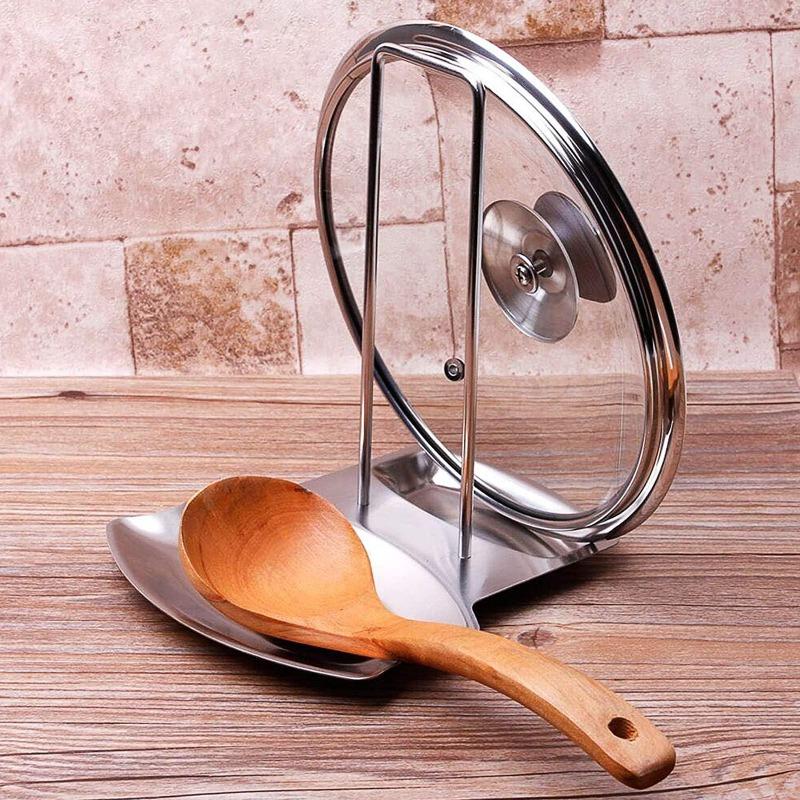 Stainless Steel Kitchen Pan Lid Holder and Spoon Rest Cookware Organizer Desktop Uncluttered Solution Space Saving Racks