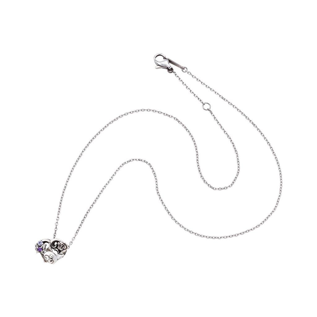 White Clover Kuromi Silver Surgical Stainless Steel Cubic Smoked Sanrio Necklace, 40cm, 925, 316L, Zirconia, Heart, Characters, SAKU-N054, Women's
