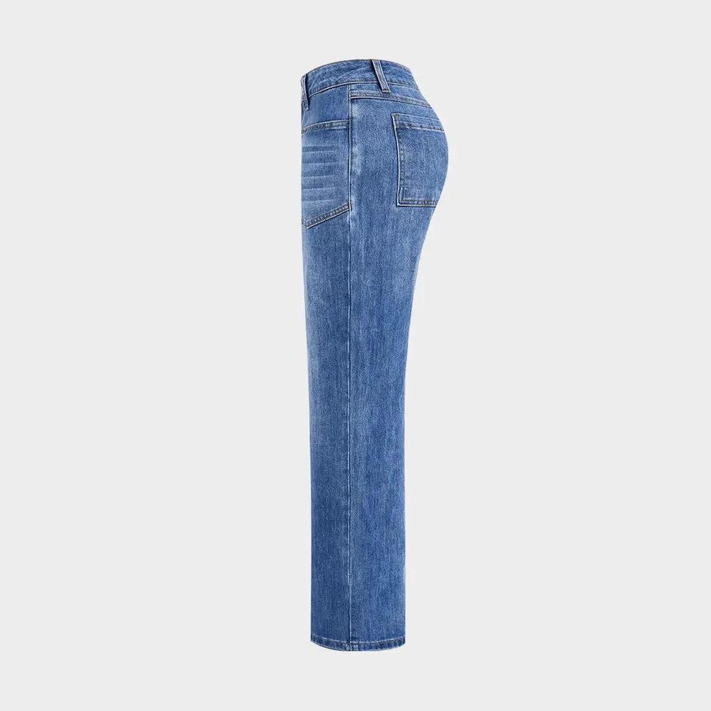 2026 Nya Damjeans med Hög Midja och Stretch, Löst Passande Raka Denimbuxor med Fickor för Vardagsbruk