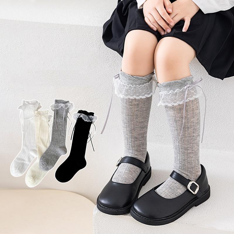 Children Sweet Bow Lace Socks Summer Thin Breathable Mesh Mid-calf Socks For Girls Fashion Ballet Style Solid Kids Calf Socks