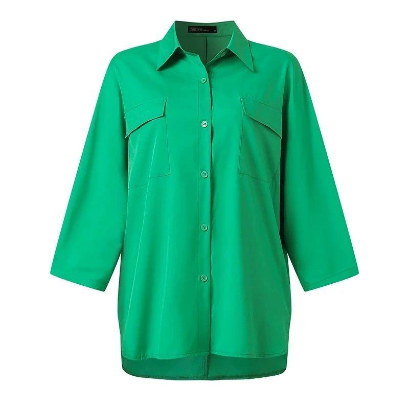 Plus Size Women's Green Linen Suit: Mid-Sleeve Shirt & High-Waisted Split-Wide-Leg Pants