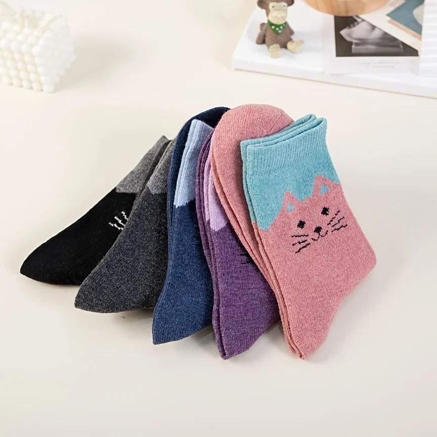 5 pairs of mixed color autumn and winter thick and warm cat head cartoon rabbit blended midsole women's socks