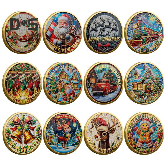 Vánoční Mikulášské mince Oboustranné slitinové Sběratelské mince Barevný vzor Slavnostní suvenýrové mince do štědrovečerních krabiček Novoroční dárek