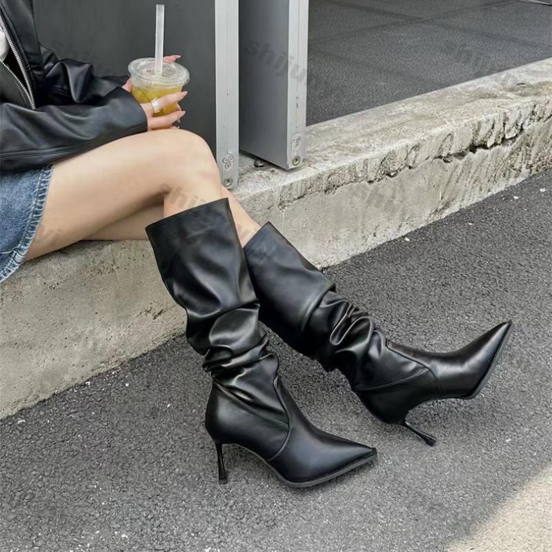Women Pointy Pleated Boots High Heels Black Female Knee High Boots Women Autumn Fashion Stiletto Ladies Pointy Rubber Footwear