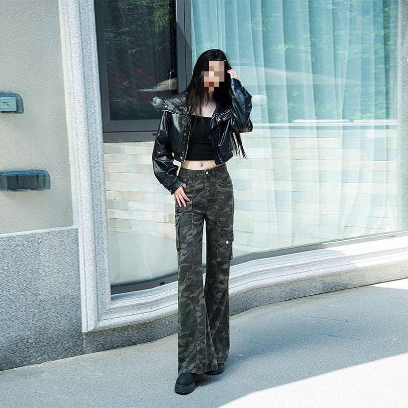 Autumn/Winter 2026 High-Waisted Camouflage Multi-Pocket Slimming Women s Flared Jeans 3XL камуфляжный