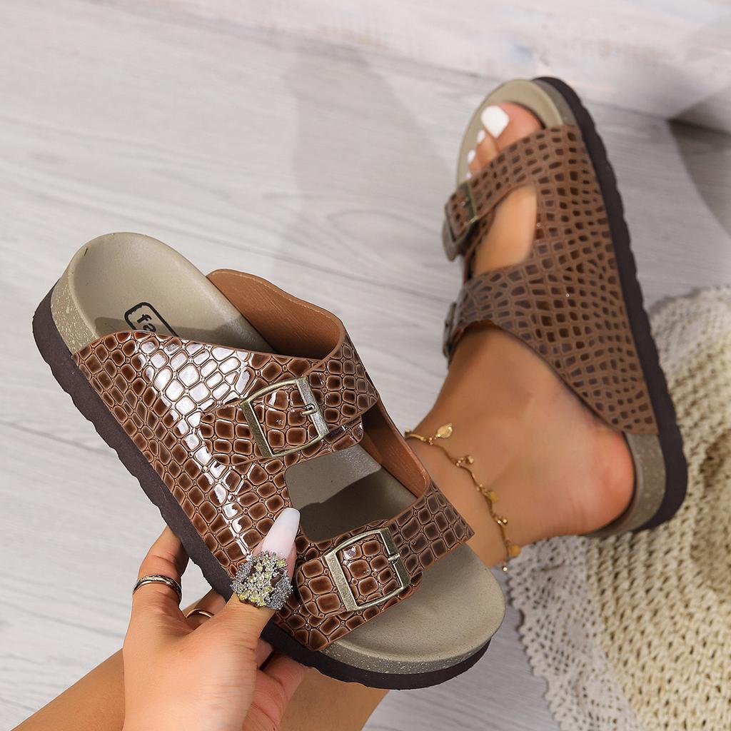 Flat Bottomed Casual Slippers Double Buttons and Exposed Toes Stone Patterned Women's Slippers