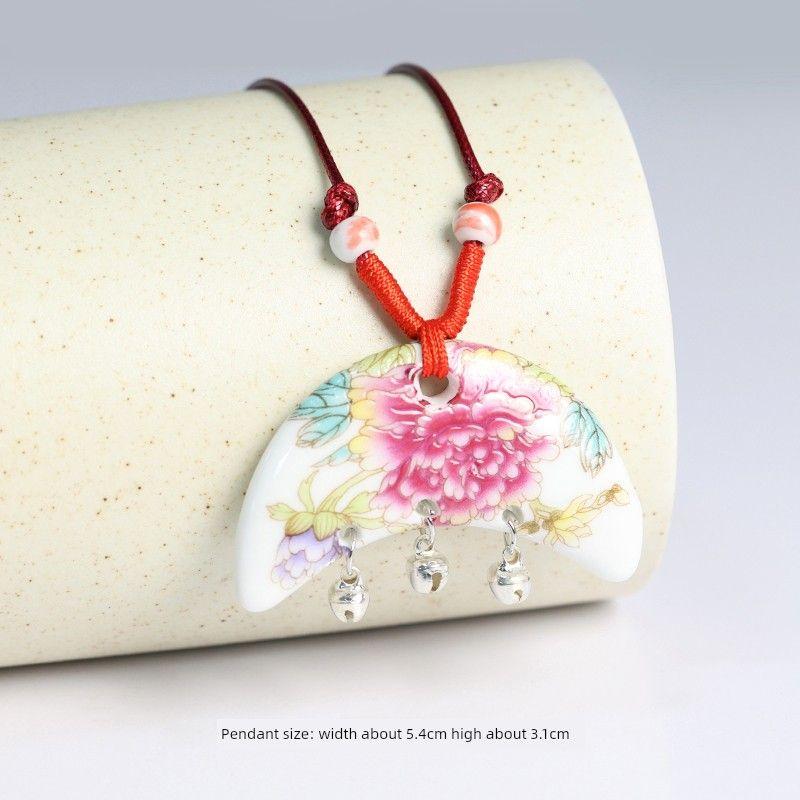 

Chinese Ancient Style Jingdezhen Ceramic Necklace Couple Student Pendant [Crescent Bell] national color and fragrance