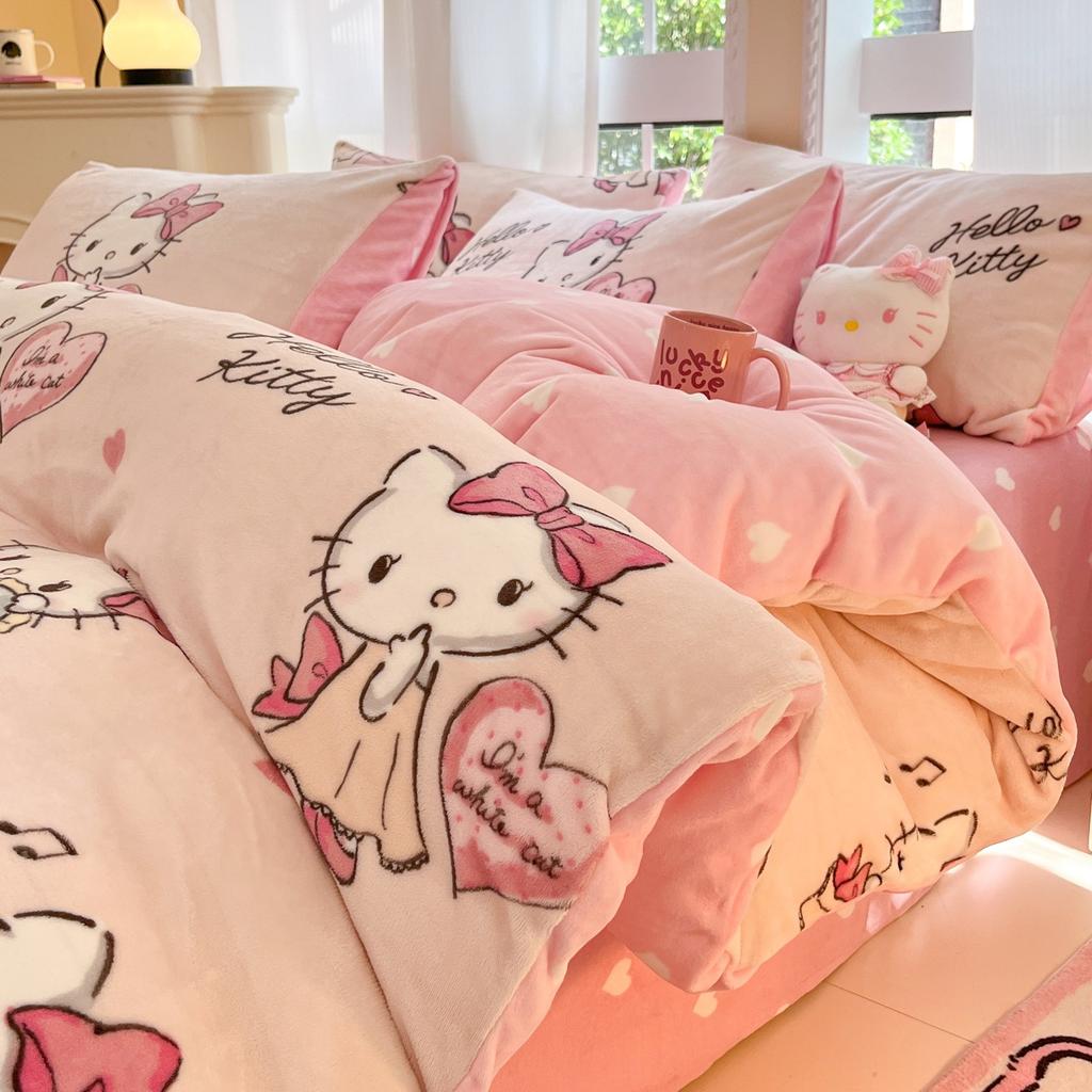 Children'S Thickened Milk Fleece Bed Four-Piece Warm Coral Fleece Fleece Quilt Cover Student Bedding