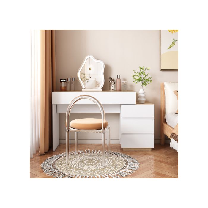 Bureau Avec 5 Tiroirs, Commode, Rangement, Pour Chambre À Coucher, Panneau De Particules E1, Blanc + Chêne
