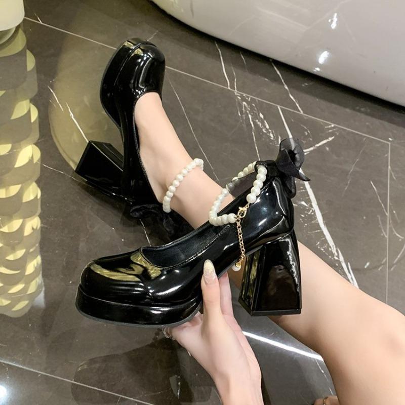 2026 White Butterfly Knot Fairy Pearl High Heels Waterproof New Arrival Spring Autumn Style Low Cut Jane Shoes