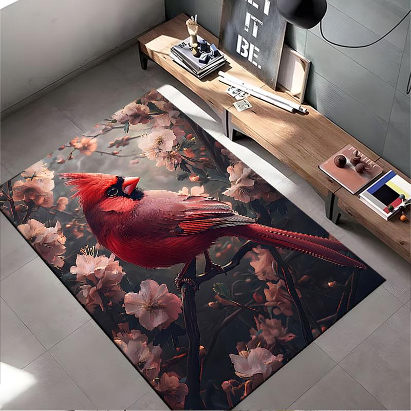 Red Cardinal with Floral Branches Suitable As a Non-slip Mat for the Living Room or Bedroom Sofa