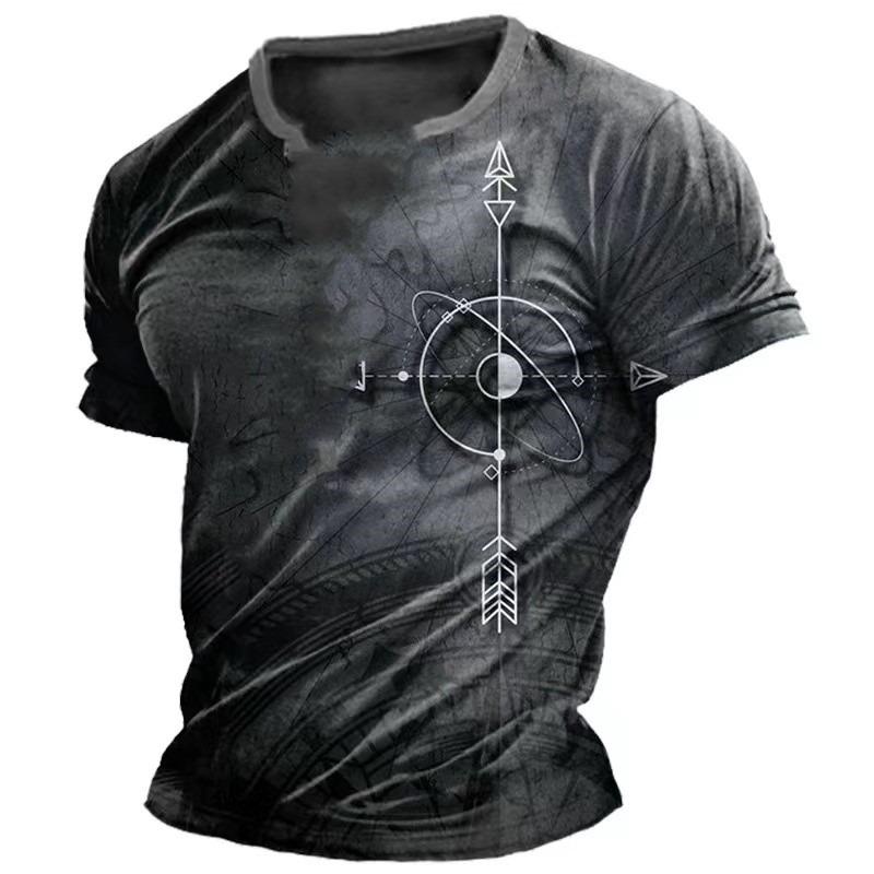 Vintage Men's T-shirt Summer American Shirt Tops Compass Printed Short-sleeve Clothing Casual Streetwear