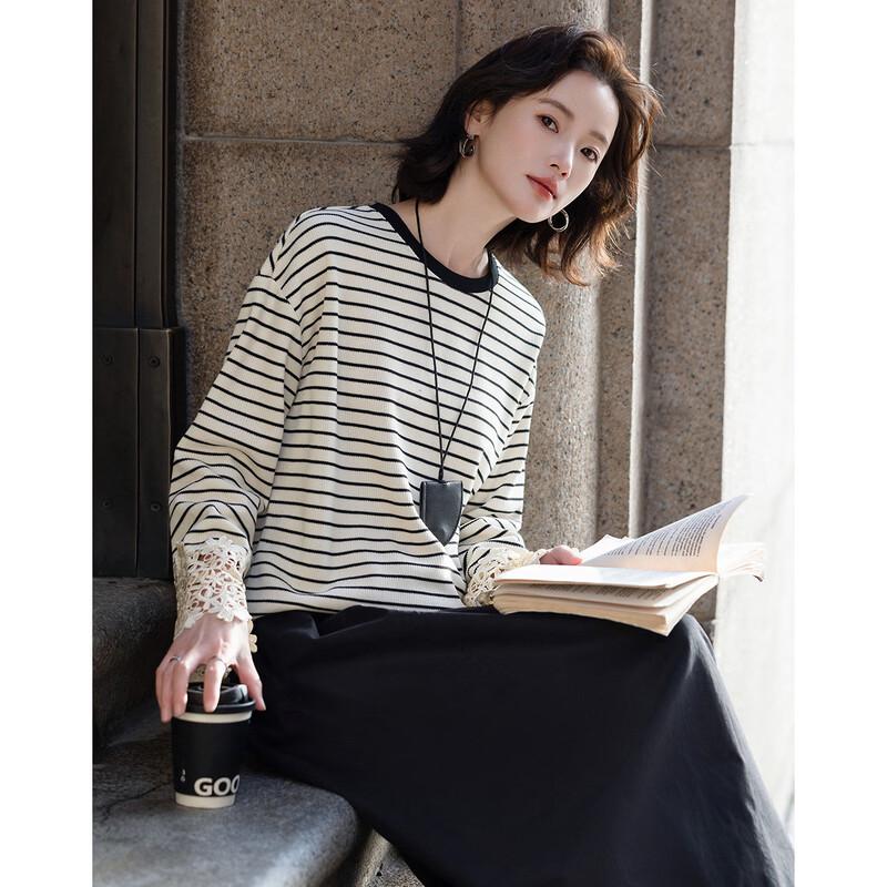 Demana Retro Striped Lace Patchwork Sweatshirt L