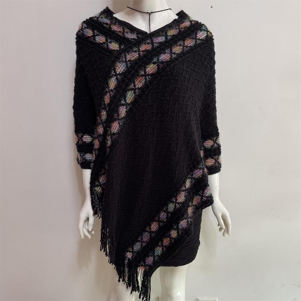 2022 Autumn/Winter Women's V-Neck Rainbow Tassel Cape Sweater