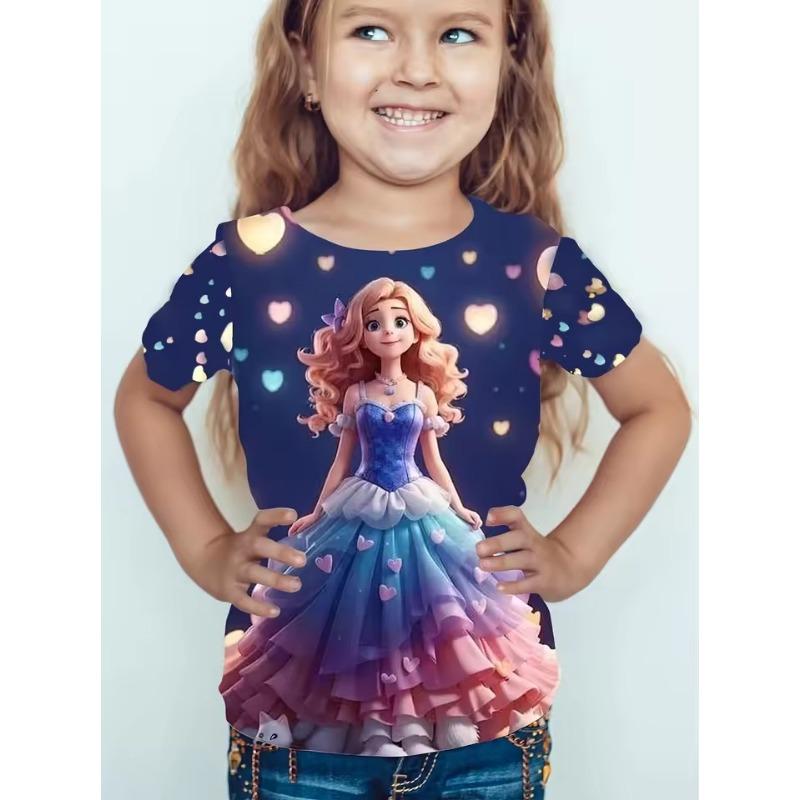 

Детская одежда Одежда для девочек Футболка с коротким рукавом для девочек с принтом из мультфильма «Девочка» Милый топ с круглым вырезом для девочек Летняя детская одежда 170