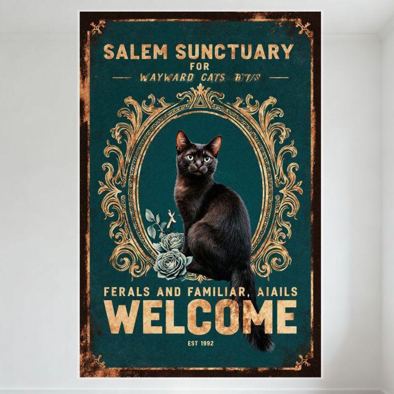 

Винтажная жестяная табличка Salem Sanctuary для бездомных кошек, Декор с изображением дикой кошки, черного кота и белых роз, Добро пожаловать, ОСН. 1992, Ретро Ho 20x30cm（7.8x11.8inch）
