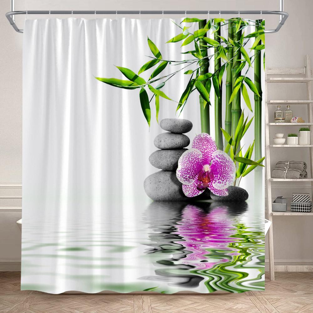 Rideaux de douche Zen Bambou Vert Orchidée Pourpre Lotus Papillon Paysage Spa Accrochage Mural Domestique Tissu Rideau de Salle de Bain Décoratif