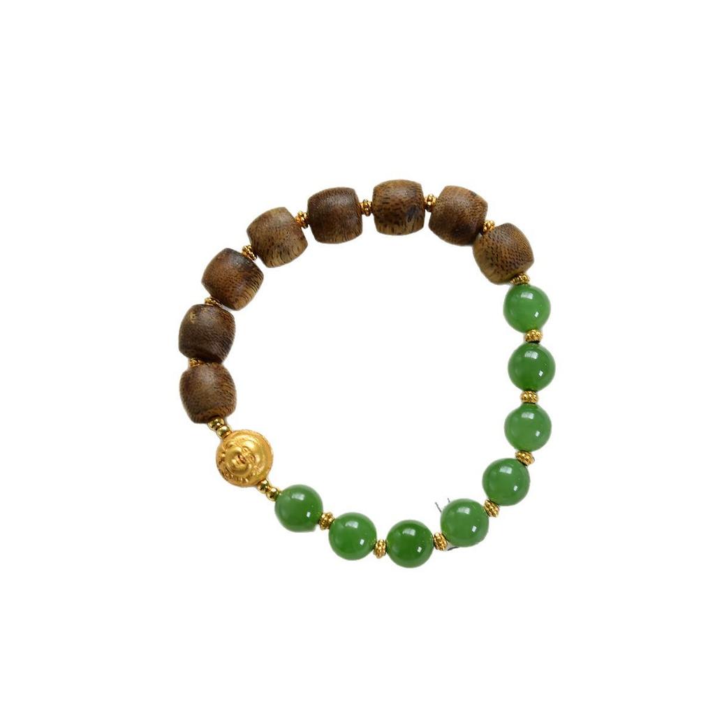 Hetian Grüner Jade & Sandelholz Perlenarmband mit 925 Silber Gott des Reichtums Anhänger