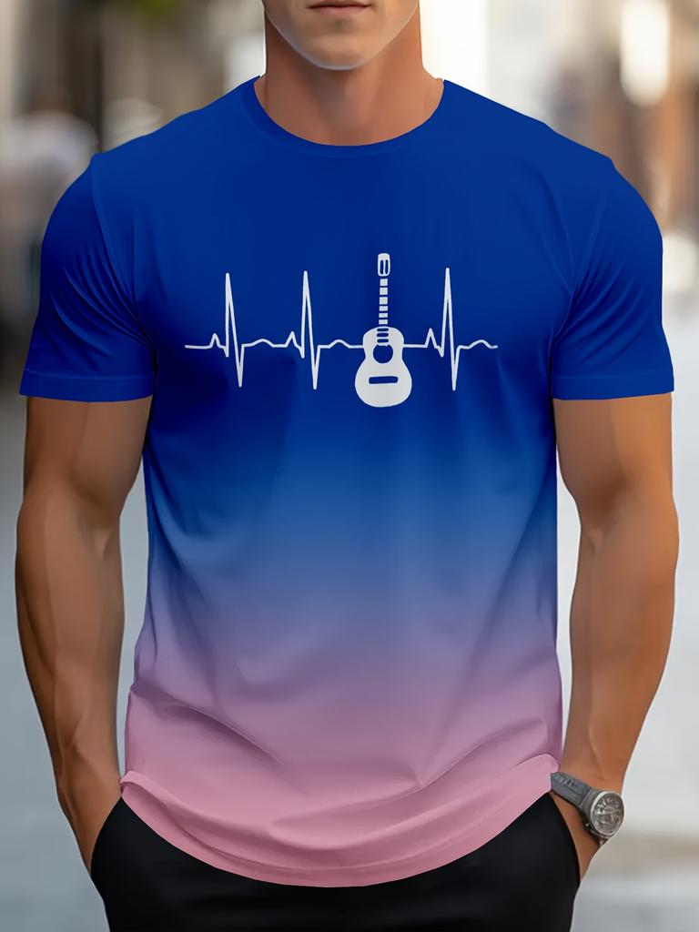 Men's Crew Neck T-shirt, Electric And Heartbeat Pattern Summer Top For Casual And Street Wear