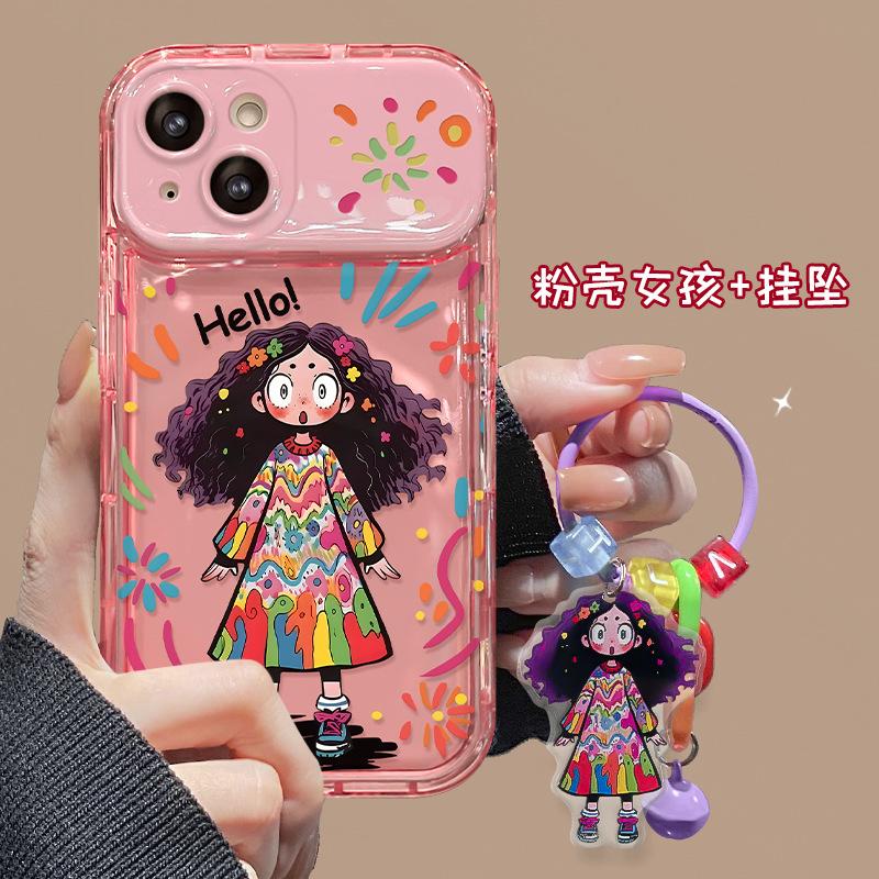Applicable To Apple 15 Mobile Phone Case iPhone14/13Pro Fried Hair Girl Pendant 12 Flip Mirror 11 Silicone XS