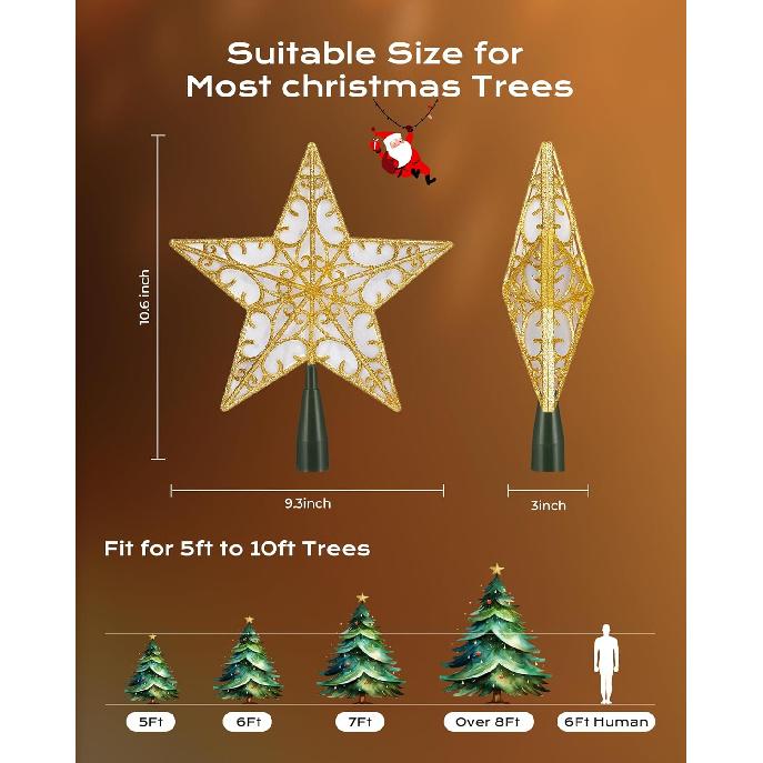 Christmas Star Tree Topper, Plug in Sliver Glittered 3D Star Tree Topper, Metal Hollow Designed Built-in 10 Bulbs String Lights for Indoor Office