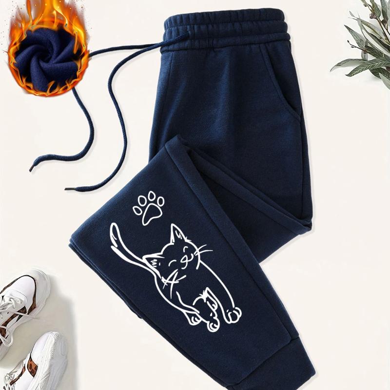 Cute Cat And Paw Print Prints Sweatpants Women Basics Jogger Pants Comfortable Fleece Loose Trousers Autumn Winter Woman Clothes