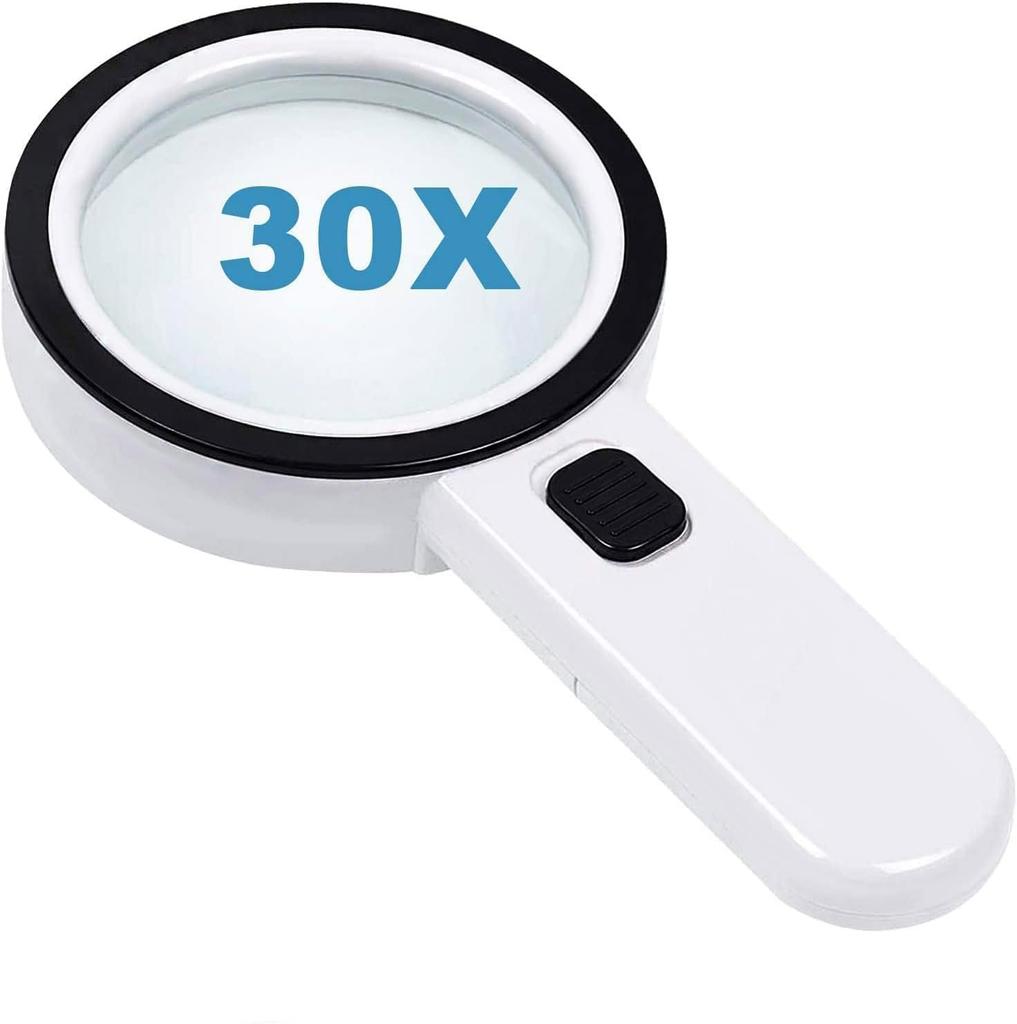 LBFXQ Handheld Magnifying Glass with 12 LED Lights Double Glass Ideal for and Suitable for and Professionals [30x Magnification, Lens] Portable,