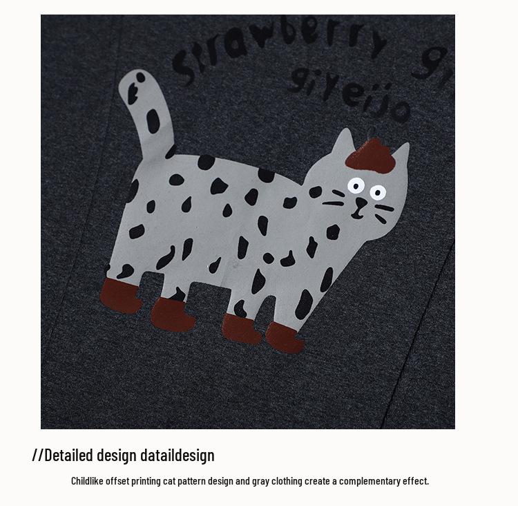 2025 Winter Women's Plus Size Thick Cotton Short Sleeve with Cat Print, Round Neck, Versatile and Extra Large Fit
