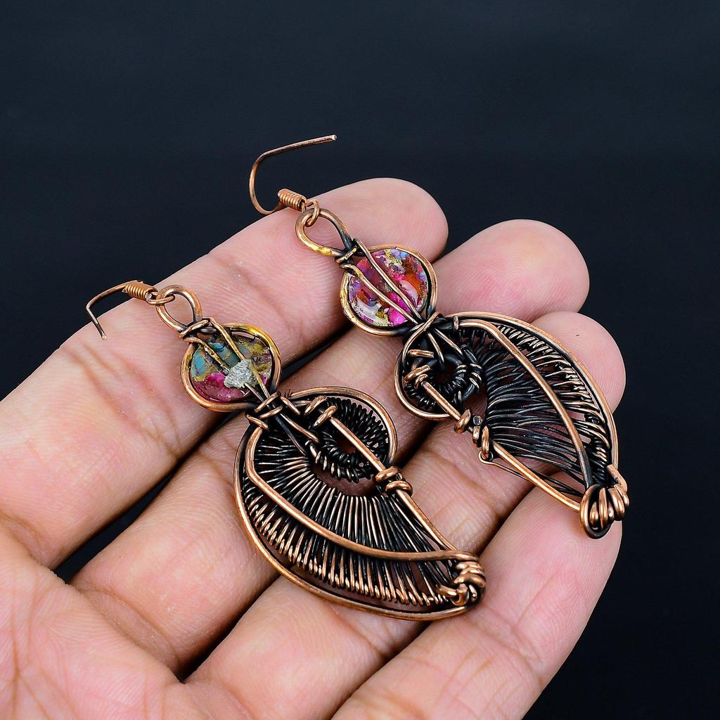 Pink Spiny Oyster 999 Copper Wire Wrapped Earrings, Handmade Gemstone Jewelry Earrings, For Memorial Day