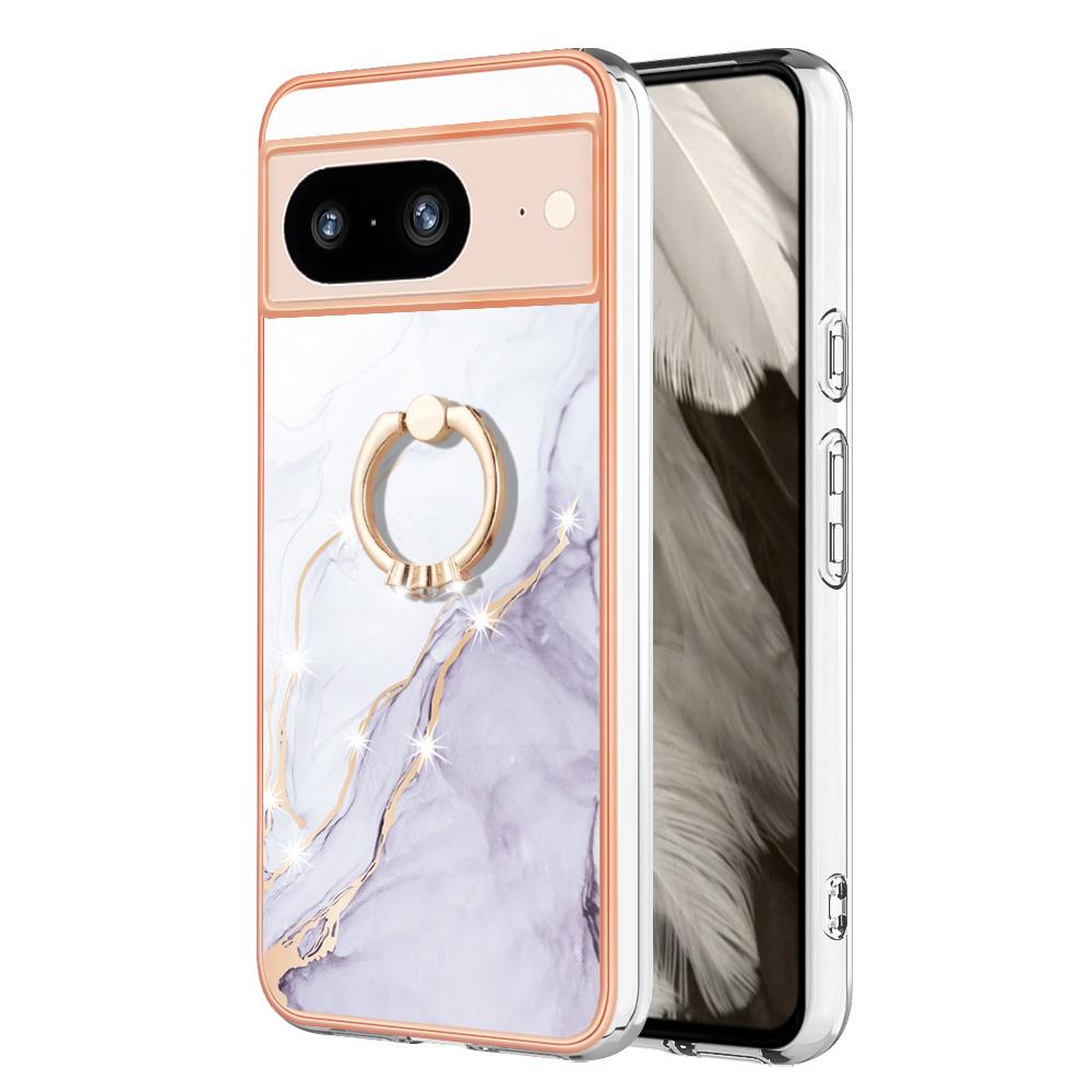 

For Google Pixel 8 Case with Ring Kickstand Marble Pattern Electroplating TPU Back Cover White 006