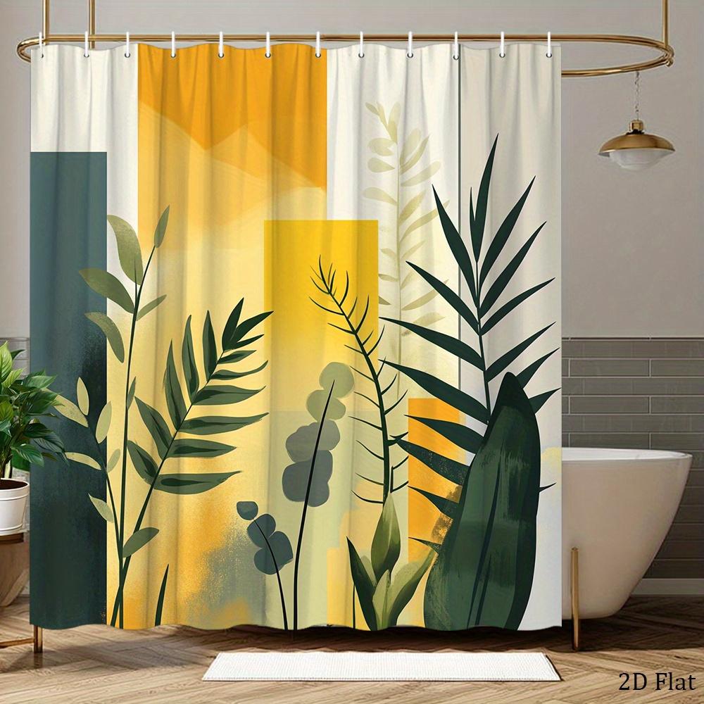 Plant Art Shower Curtain 1 Piece-Green Leaf Geometric Block, Modern Natural Design, Contemporary Bathroom Decoration