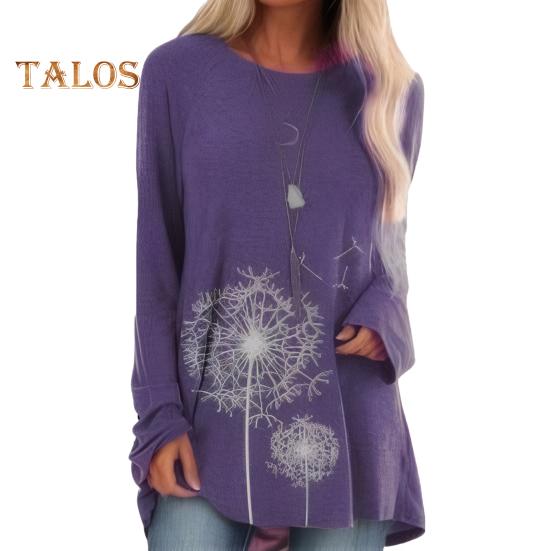 Tunique grande taille pour femme, imprimé pissenlit, chemise longue, col ras du cou, manches longues, pull-over, chemisier décontracté, coupe ample, pour le travail et la vie quotidienne