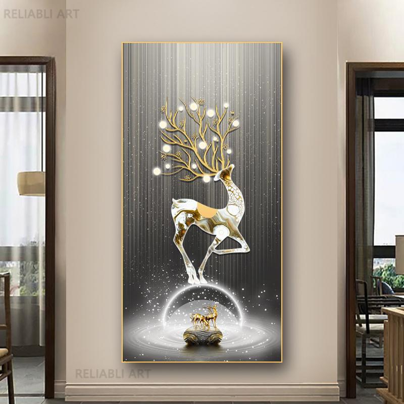 New Chinese Fengshui Golden Deer Canvas Painting Abstract Zen Stone Posters and Prints Modern Luxury Wall Art for Porch Decor
