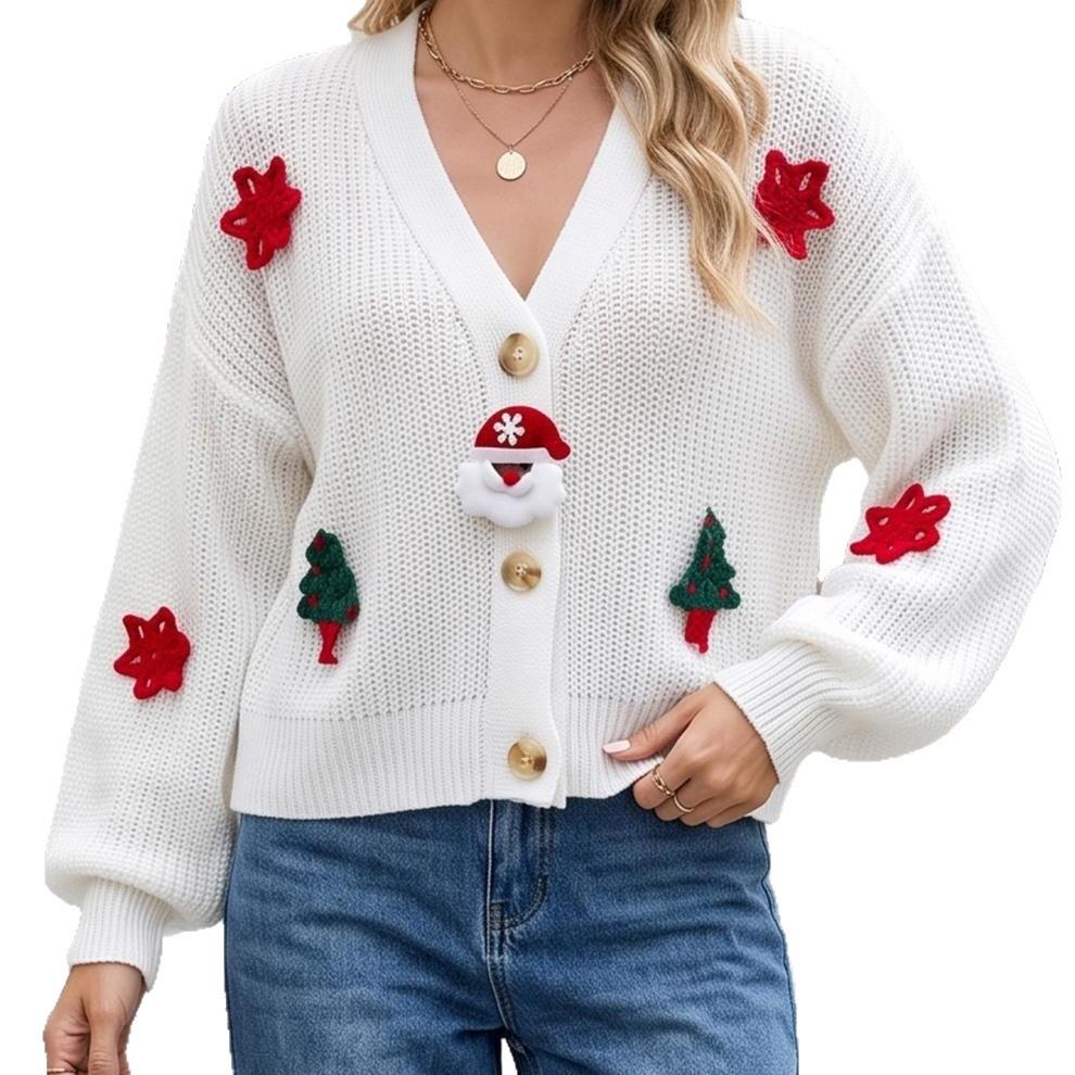 Weihnachtspullover 3D Handgemachte Haken Accessoires Damen Herbst Winter Locker Gestrickter Cardigan