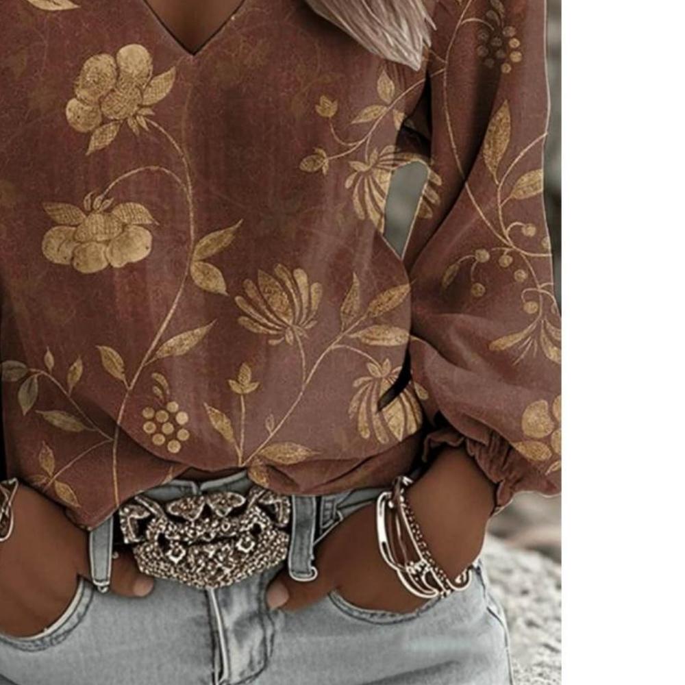 Women's Retro Bohemian Casual Fashion Floral Print V-Neck Long-Sleeved Shirt with Female Lantern Sleeves Design Long-Sleeved Shirt Elegant Top