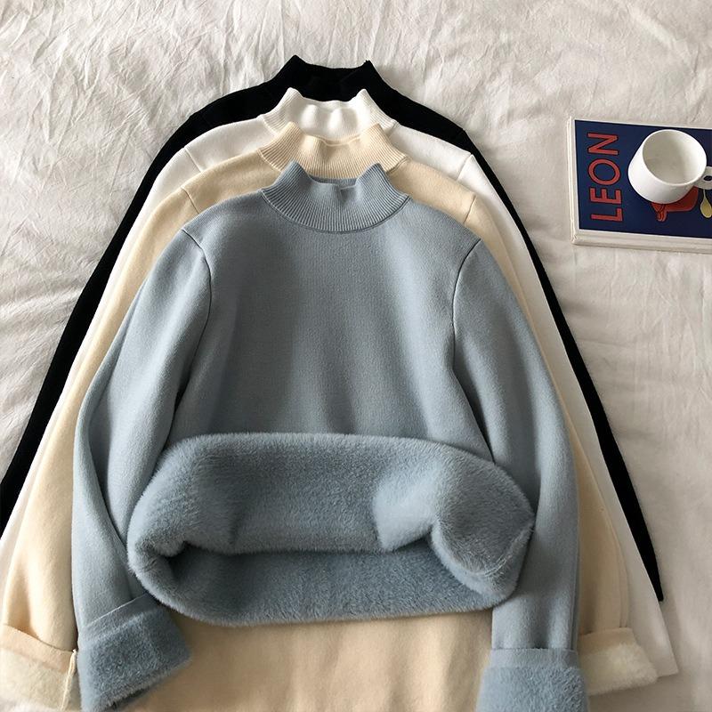 Autumn and Winter New Semi-turtleneck Fleece Sweater Bottoming Shirt Women's Integrated Fleece Thickened, Warm and Slim, Knitted Inside