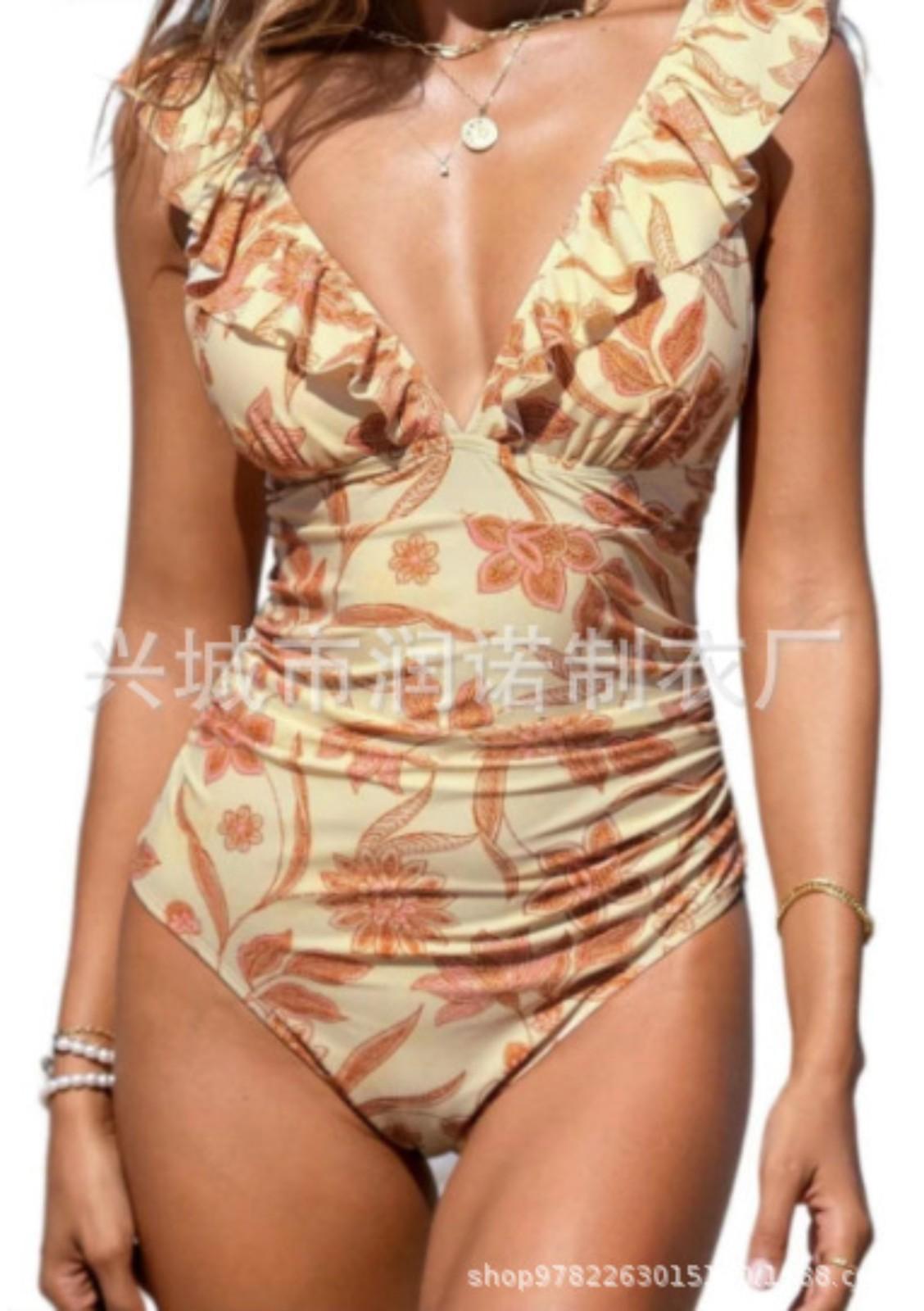 

One Piece Swimsuit for Women Ruffled Deep V Neck Backless Design Floral Print High Waist Swimwear XXL жёлтый