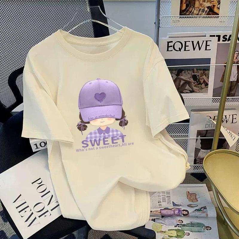 Tricou cu mânecă scurtă din bumbac pur, alb, pentru femei, de vară, nou, de dimensiuni mari, design lejer, imprimat, subțire, cu mânecă jumătate