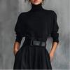 Women's High Neck Long Sleeve Solid Knit Top High Waist Wide Leg Pants Two Piece Set Casual Commuter Outfit For Spring Fall Daily Wear