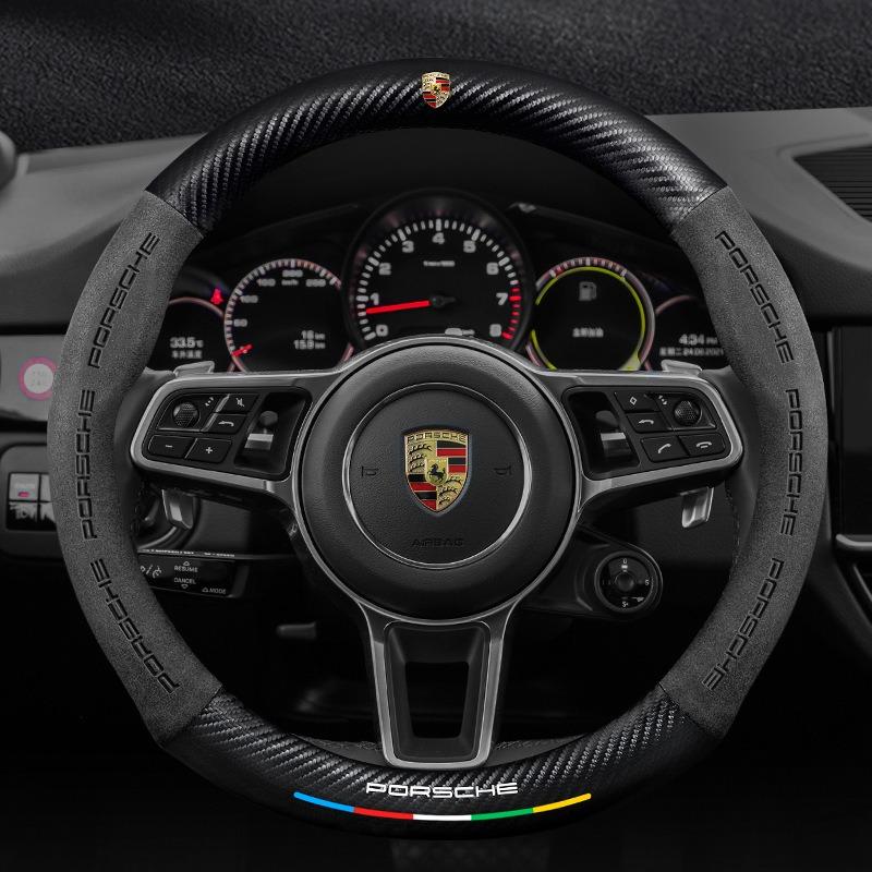 AIHQR1 O Shape Suede Carbon fiber anti-slip Car Steering Wheel Cover For Porsche Cayenne Panamera Macan Boxster Cayman 718 911 Sticker