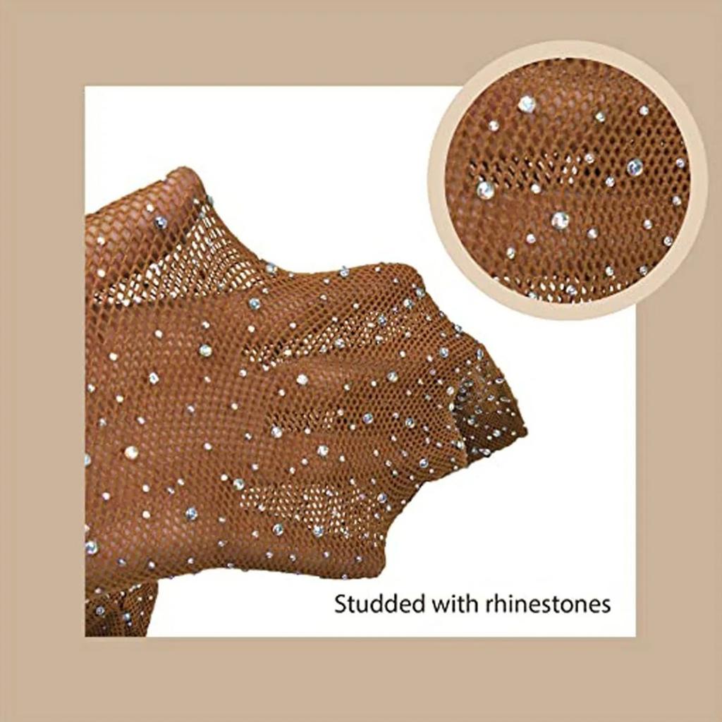 Meias de Rede Femininas Brilhantes Fashion Elegantes Elásticas Strass Malha Calças Justas para Festa de Feriado Cor da Pele Tamanho Único