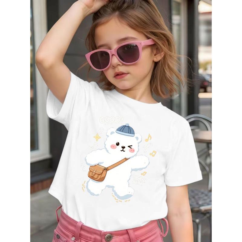 Girls Cute Winking White Bear Print Crewneck Tee 110 белый