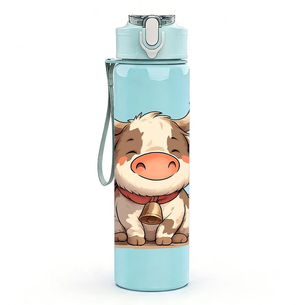 1PC Cartoon Baby Cow 750ml Color Plastic Sports Water Bottle Leakproof Flip Straw Lid Suitable for Sports Office Home Use