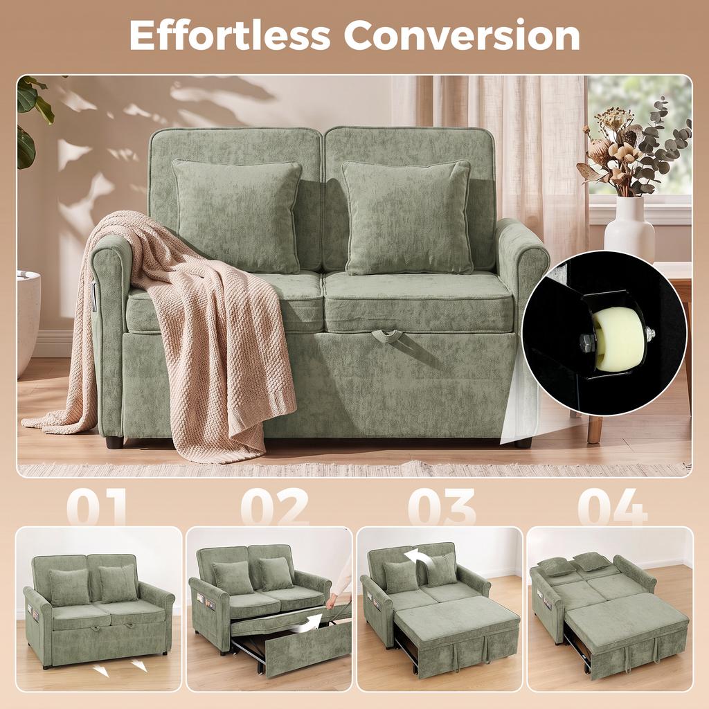 2 Seater Sofa Bed 3-in-1 Convertible Chenille Pull Out Sleeper Sofa with 5-Position Adjustable Backrest, Light Green