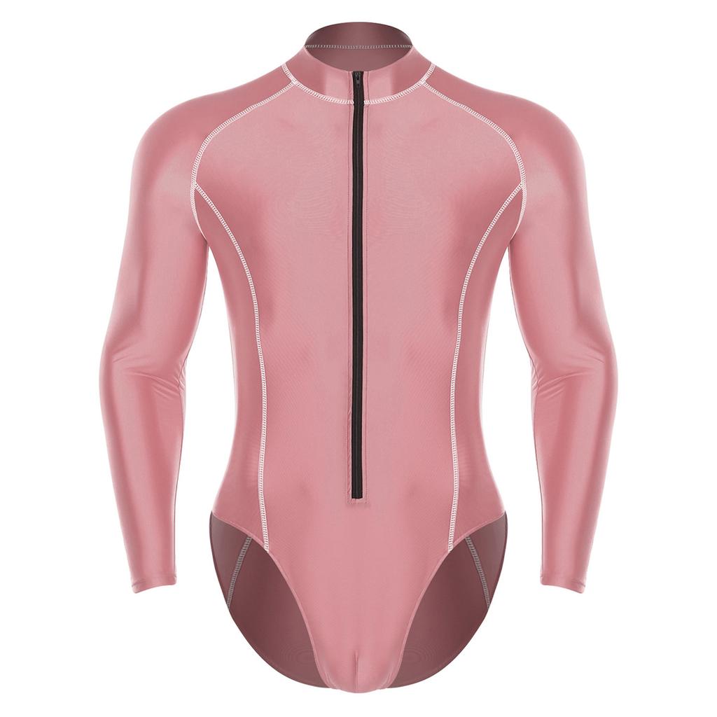 Pánský lesklý body overal s rolákem a dlouhým rukávem, zapínání na zip vpředu, trikot, kombinéza, ochranný obleček proti slunci, plavky na pláž a surfování