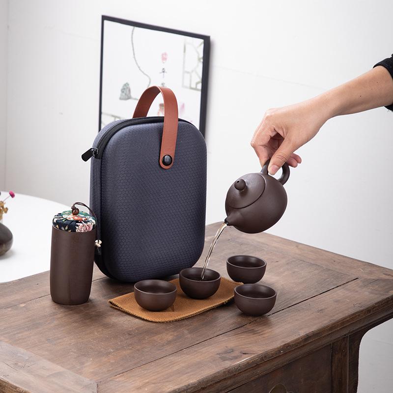 Portable Purple Clay Gongfu Tea Set: One Pot & Four Cups Business Gift